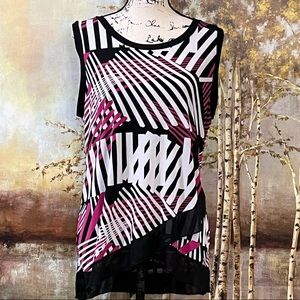 EUC ROX & ALI Pink/Black/ White Geometric Top with Sheer Hemline
